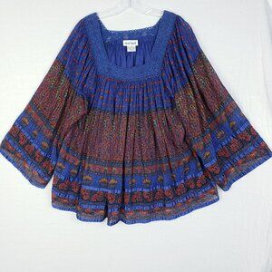 Marisol Peasant Blouse Top Tunic Bohemian Crochet Floral Cotton size 1X